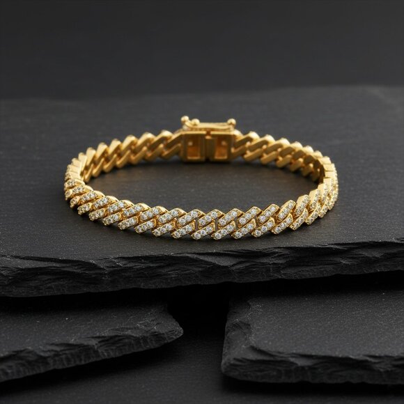 Diamond Studded 14K (or 18k upon request) Yellow Gold Cuban Chain Bracelet - Picture 3 of 4